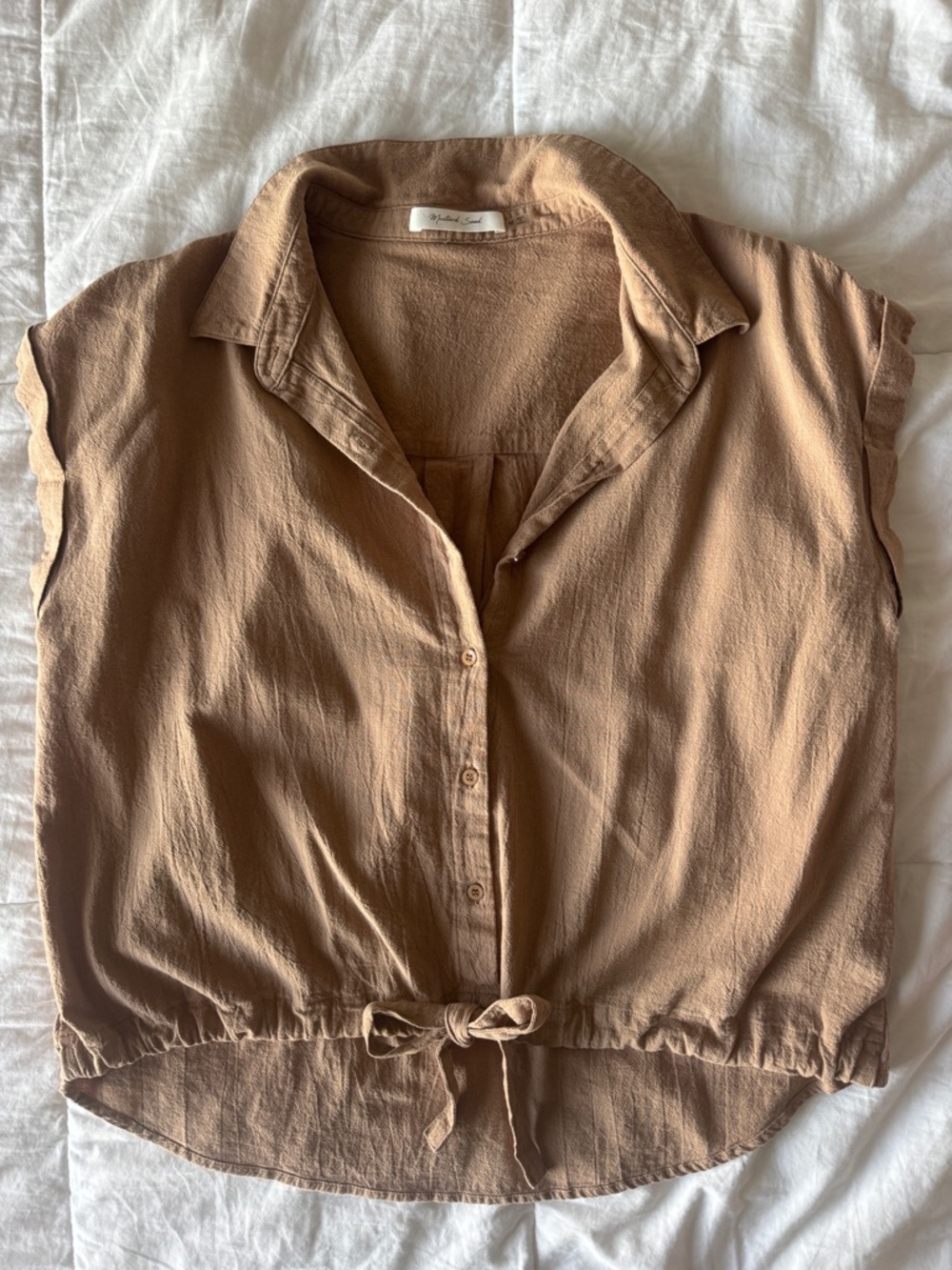 Mustard Seed Cap Sleeve Button Down Tie Hem Top Brown 100% Cotton Size Medium